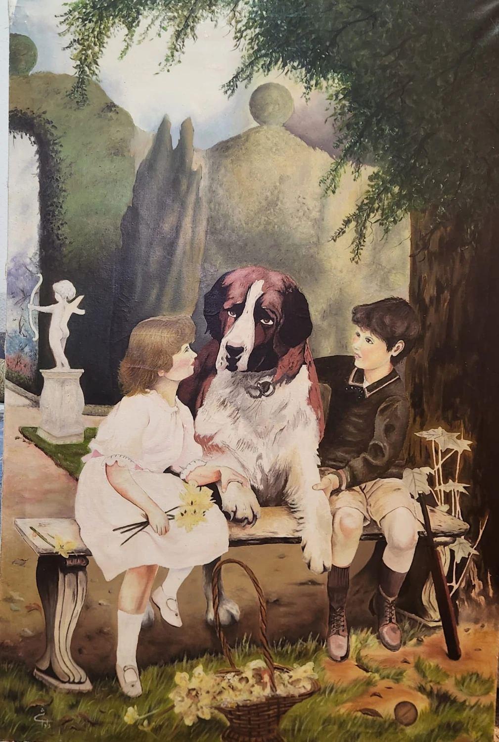 Kunstbild mit zwei Kindern und einem Hund im Salon