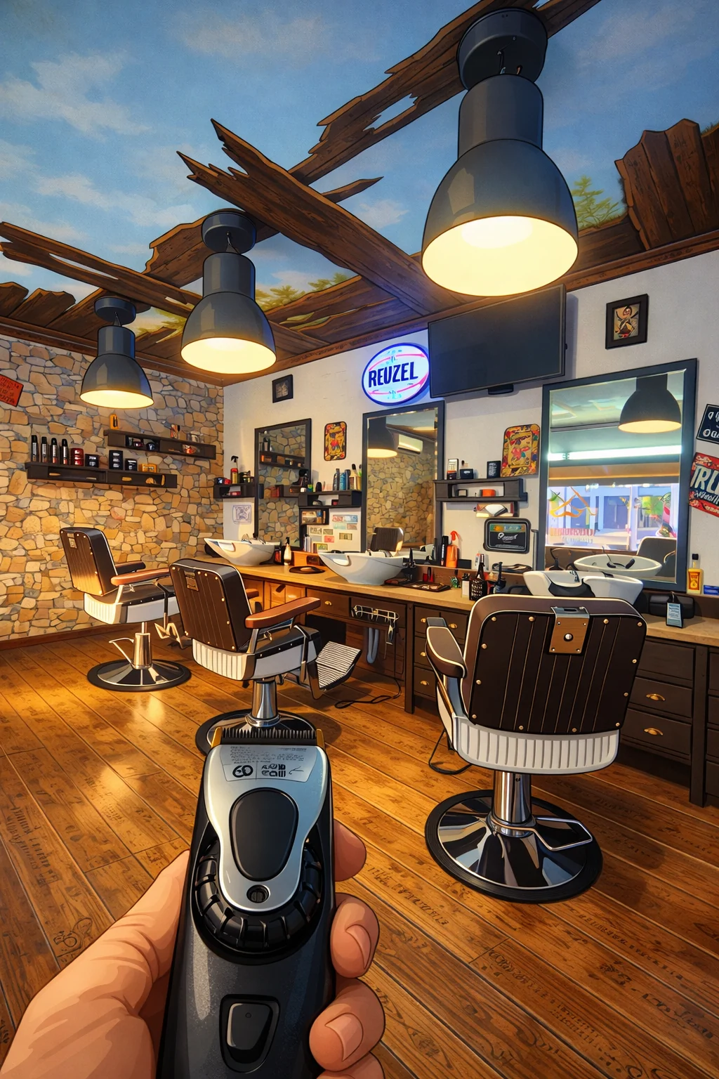 Illustratives Salonmotiv aus der Shopgalerie mit klassischen Barbersesseln, Holzfußboden und warmen Pendelleuchten